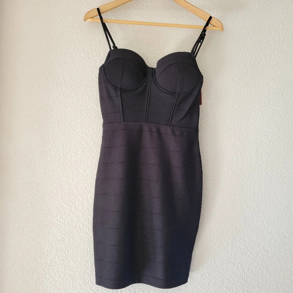 NWT HAUTE MONDE Solid Black Bandage Bodycon Speghetti Strap Mini Dress - Picture 2 of 10